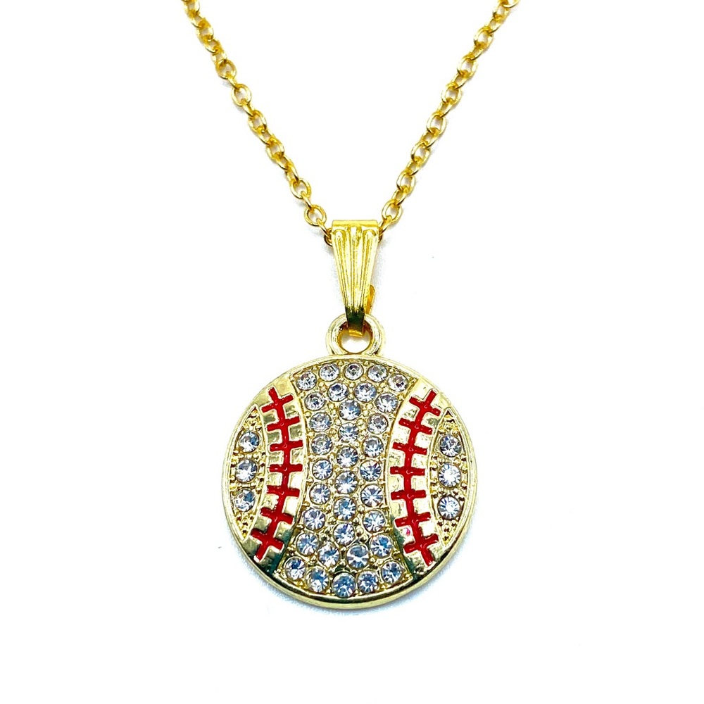 Baseball Necklace Gold Rhinestone